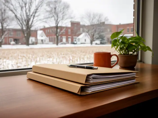 A stack of closed kraft folders with a pen on a desk by a window onto a snowy small-town street.